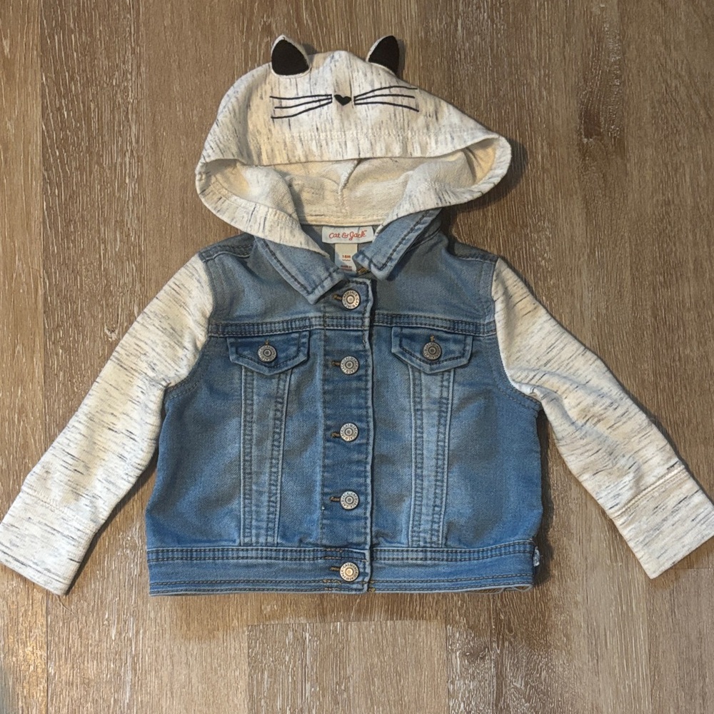 Cat & Jack Light Blue Denim Jacket with Heather Gray Hood & Sleeves